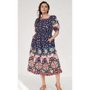 Anthropologie Kaya Midi Maxi Dress Organic Cotton Sz L Puff Slv Floral Boho